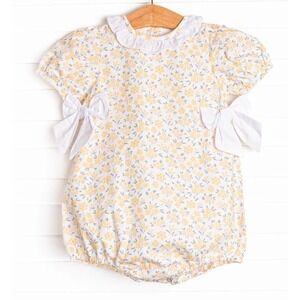 Stitched Yellow Floral Cotton Romper Bubble Ruffle Collar Side Bows 3T